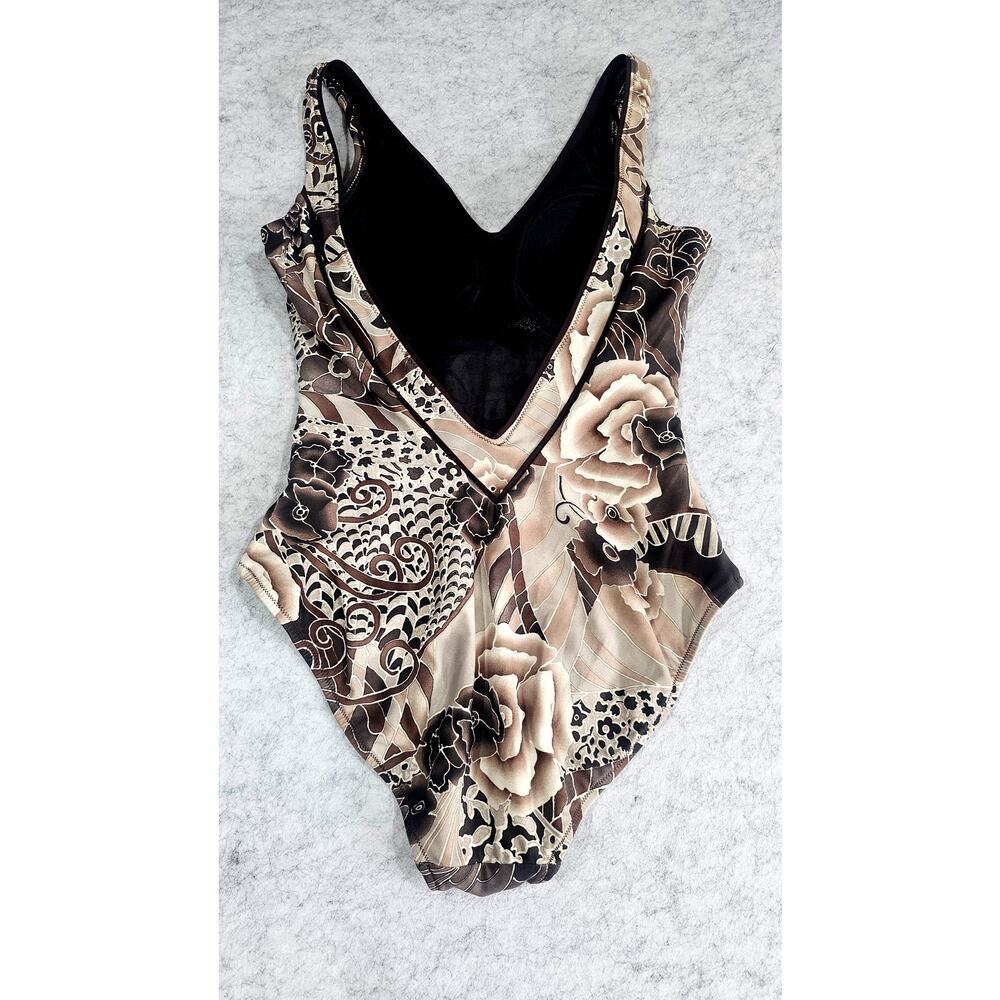 Gottex Floral One Piece Swimsuit V-Neck Brown Beige US 10 Made Israel - Picture 2 of 9